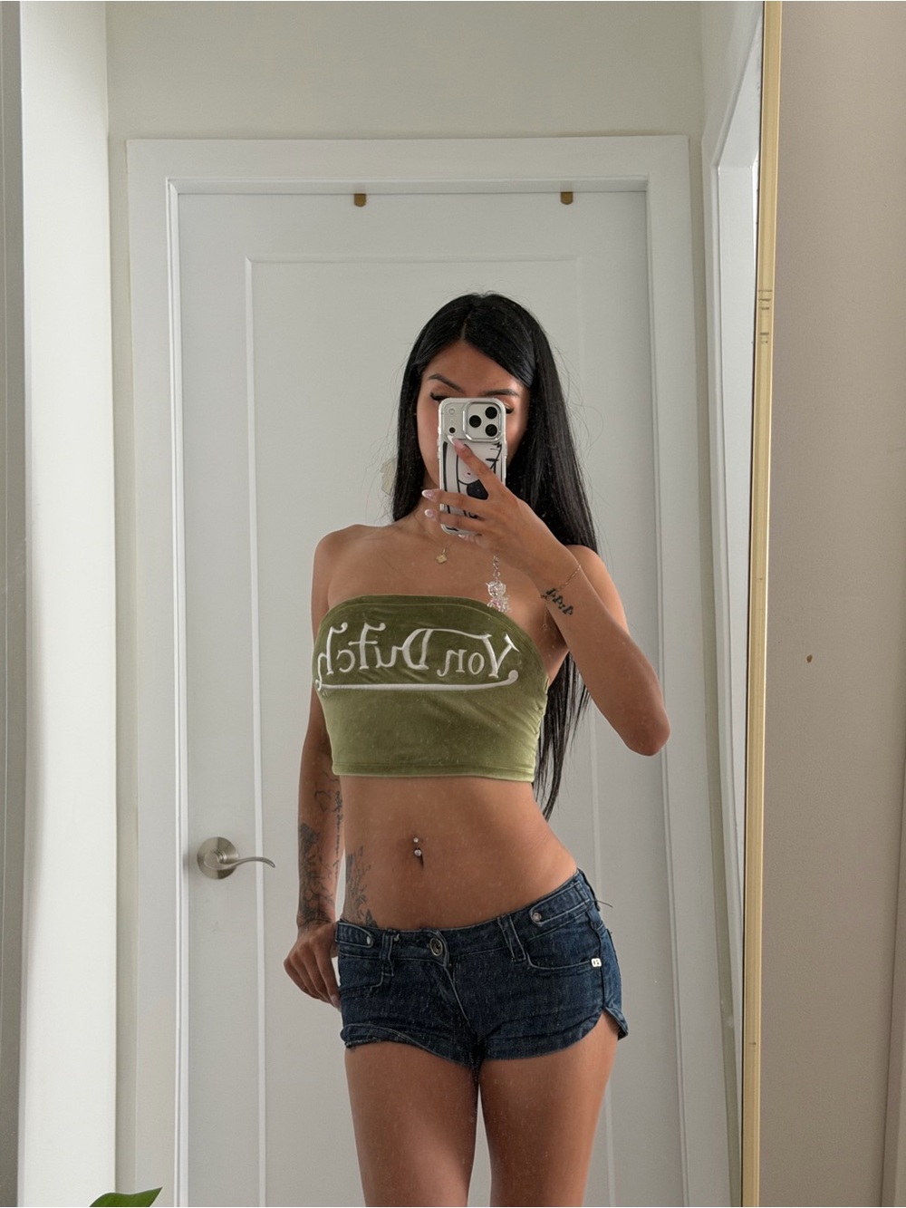 Von Dutch Olive Green Velour Bandeau Crop Top